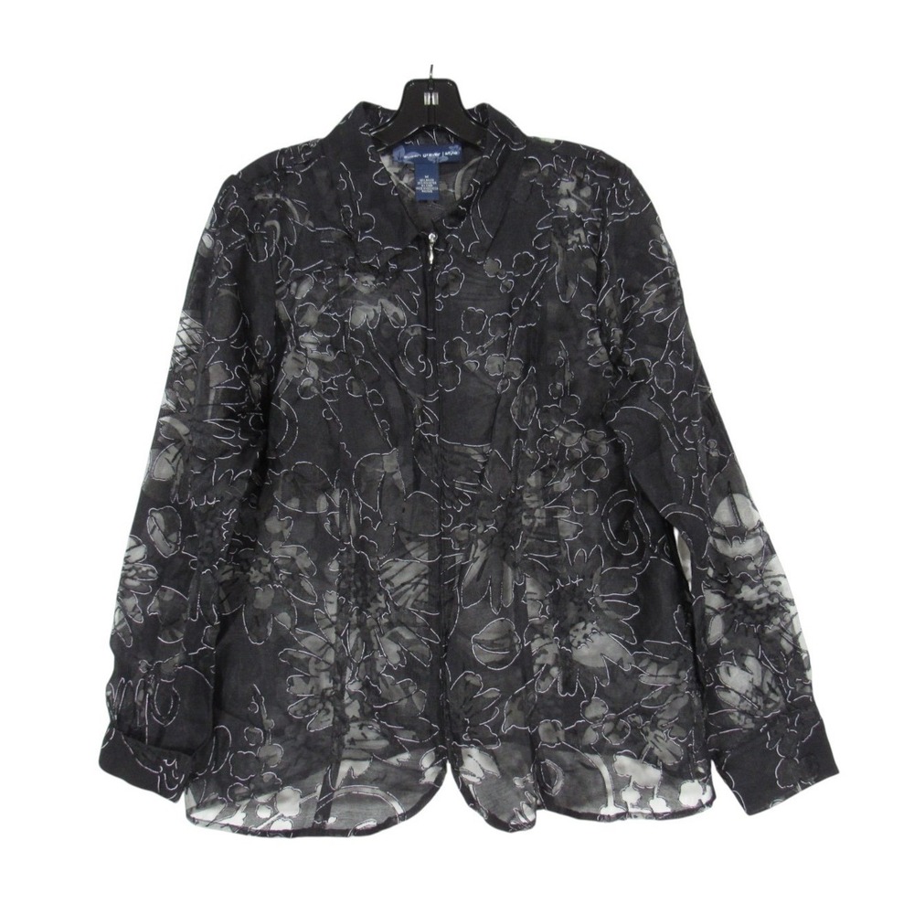 SUSAN GRAVER QVC Black SEMI-SHEER FLORAL Full Zip LINEN BLEND Shirt/Top Sz M